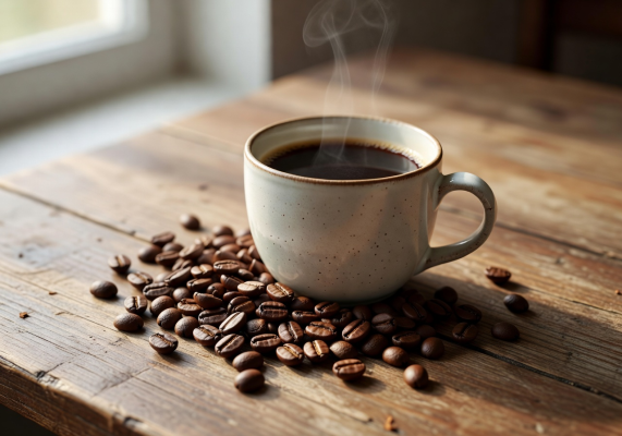 Aesthetic arrangement of a ceramic coffee cup and roasted beans on a wooden table