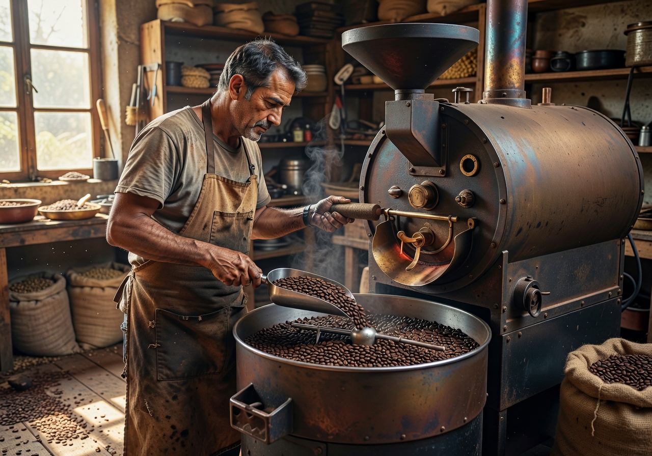 Artisan coffee roaster checking the beans in a drum roaster
