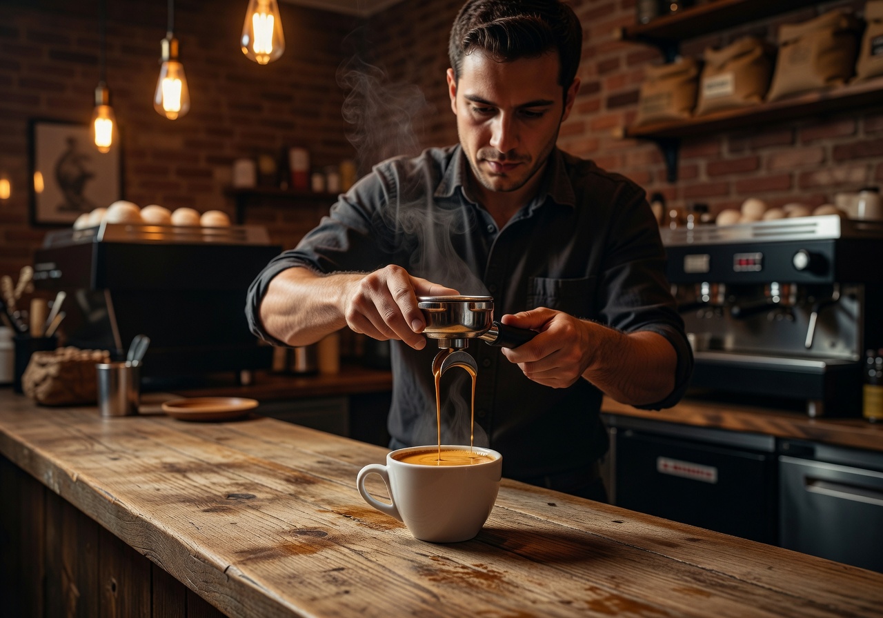 Barista pouring a perfectly crafted espresso shot in a warm cafe