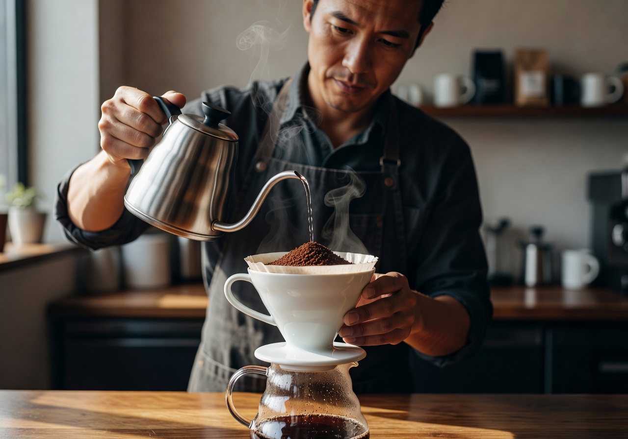 Barista pouring water over fresh coffee grounds in a V60 brewer