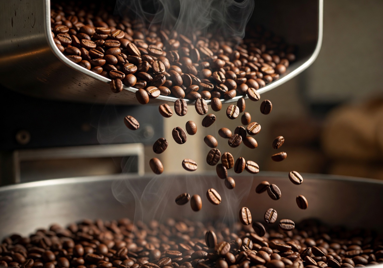Close up of freshly roasted coffee beans falling from a cooling tray
