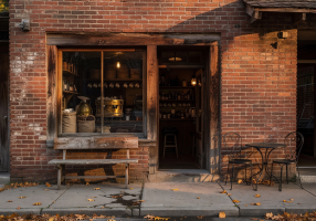 Exterior view of a rustic brick coffee shop storefront