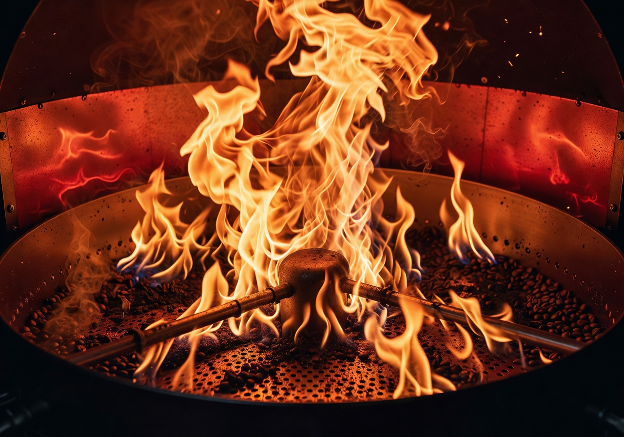 Flame and heat inside a coffee roaster