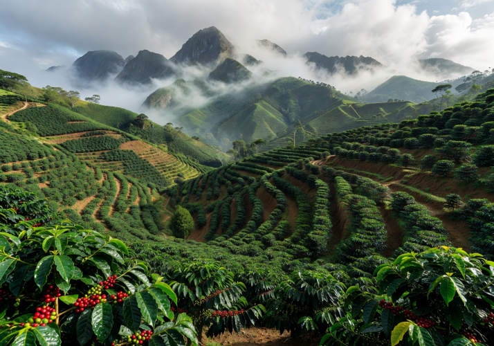 Lush green coffee farm in the high altitude mountains