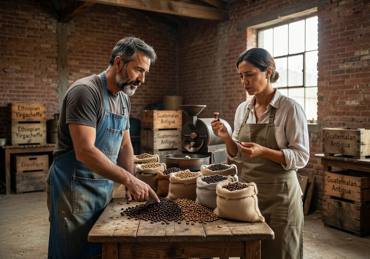 Two passionate roasters discussing coffee beans in a rustic warehouse