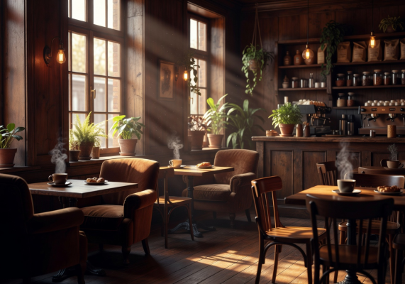 Warm sunlight filtering into a cozy coffee shop with wooden interiors